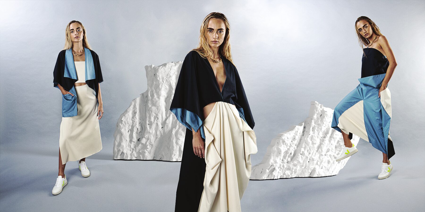 Three looks from a circular, multifunctional fashion collection in navy, slate blue and cream.