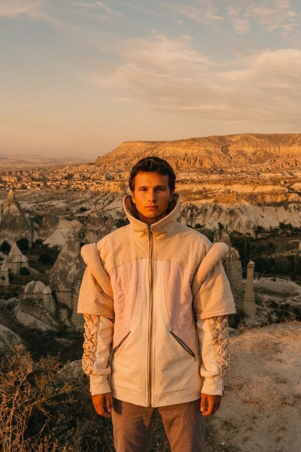 Front view of a cream jacket with padded shoulders and gathered sleeves, worn above the Cappadocian valley at dusk.