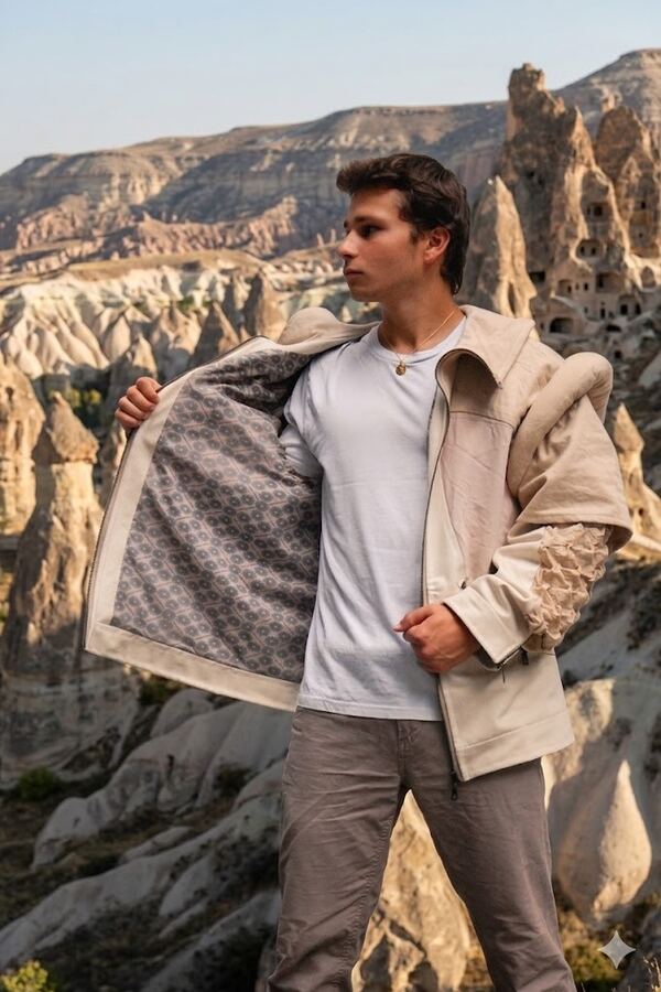 The jacket held open to show its patterned lining, rock formations behind.