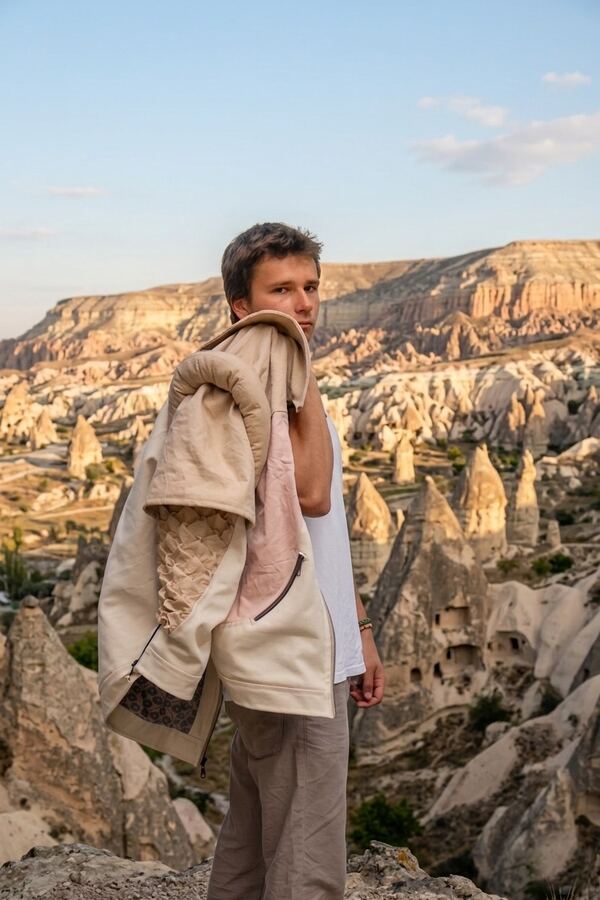 The jacket carried open over one shoulder, against the tufa spires of Cappadocia.